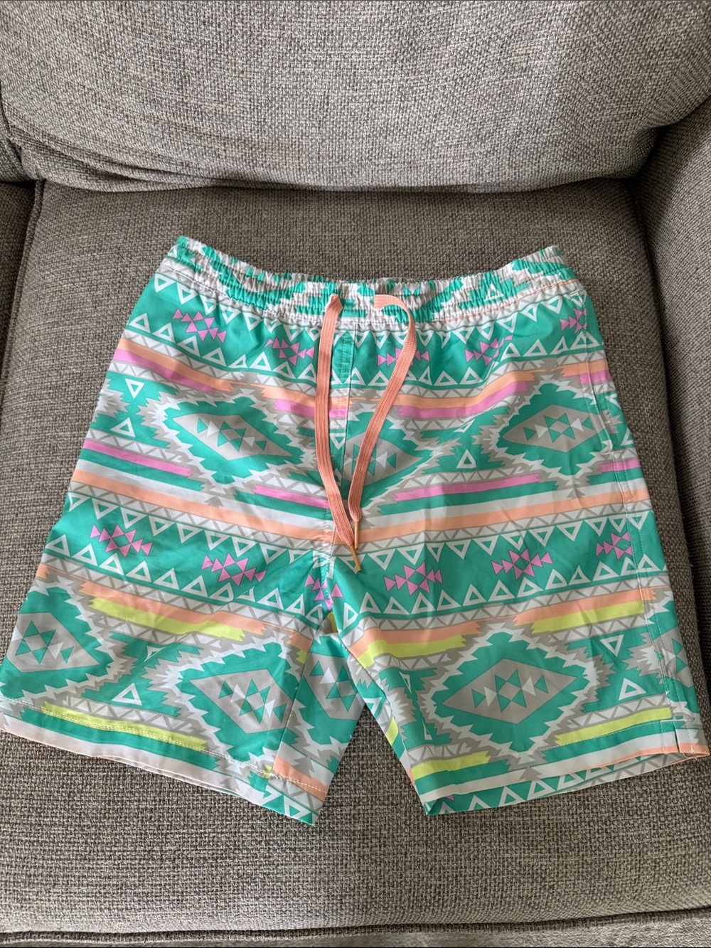 Chubbies Kids Teal Tribal Swim Trunks with Peach Drawstring